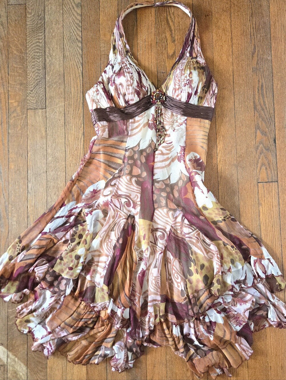 Diane Freis Silk Y2K brown, orange, pink printed halter dress, beaded, ruffle